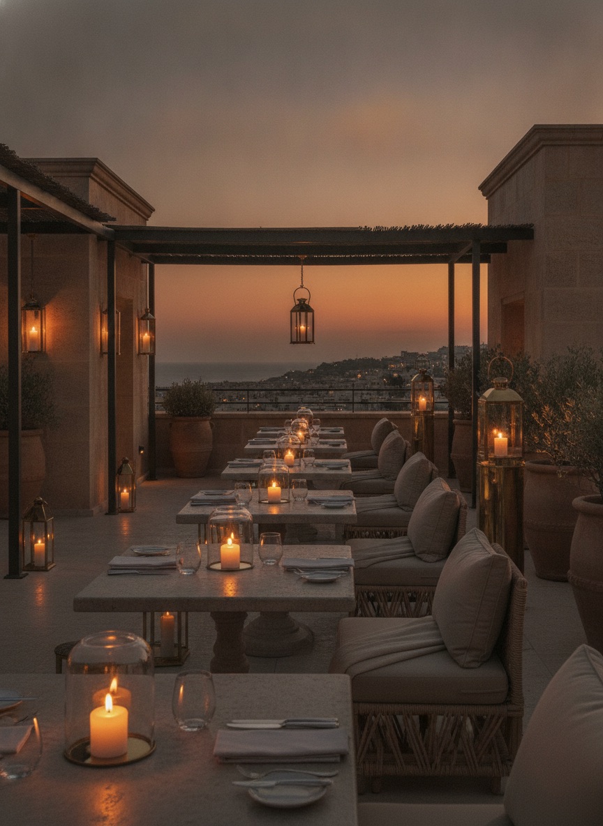 Rooftop restaurant terrace at dusk