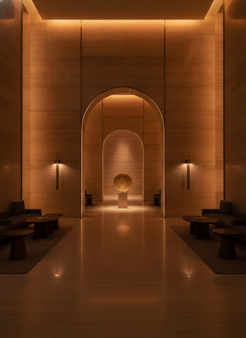 Luxury hotel lobby in warm travertine stone